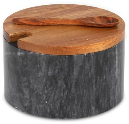 Saliera Marmo con Coperchio Cucchiaio in Legno, Ciotola Grigio Scuro