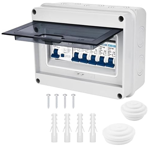 Consumer Unit 4 Way, IP65 Fuse Box with Circuit Protection, Circuit Breaker for Garages, Workshops, Small Factories, 1P+N40A + 2×1P6A + 1P10A + 1P20A + 1P32A