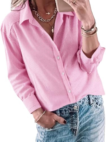 Cicy Bell Blusa de mujer con cuello en V elegante y casual de manga larga con botones, a cuadros, blusa casual de negocios, blusa básica, blusas sueltas, túnica, camiseta, Rosa., L