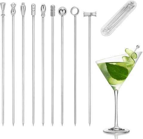 Diakey 18-pack cocktailplektrum i metall, 9 stilar, 304 rostfritt stål tandpetare för drycker, återanvändbara cocktailspett garneringspinnar för martini, blodiga gifta sig, oliv, förrätter