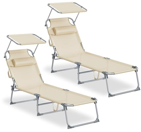 SONGMICS Set da 2 Sedie a Sdraio Pieghevoli, 189 x 53 x 28,5 cm, con Cusicni, Lettini Prendisole, Portata 110 kg Ciascuno, Parasole e Schienale Regolabili, per Terrazza e Balcone, Beige GCB292WZ02
