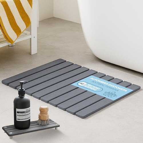 Diaquor Alfombra de Baño Diatomita Secado Rápido Antideslizante 60x39 cm, Alfombrilla Piedra Absorbente para Ducha, Incluye Soporte para Jabón, Base de Silicona y Lija de Mantenimiento