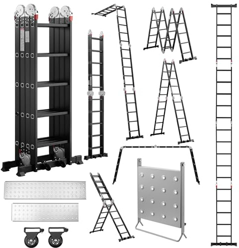 TEENO Escalera Multifunción 7 en 1, 5.82 M, 4 x 5 Escalones, Escalera Plegable de Aluminio con 2 Plataformas, Soporte de Trabajo para Escalera, Patas de Goma, 2 Ruedas Extraíbles, Carga 150 kg, Negro