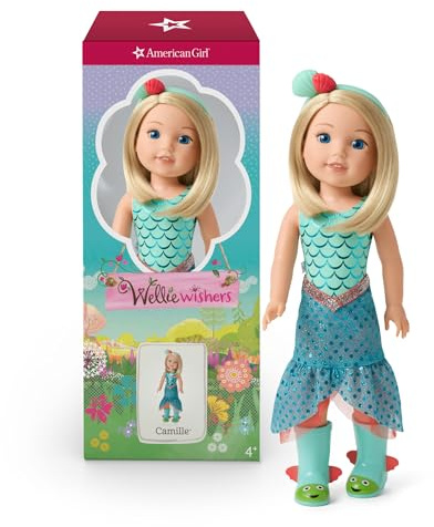 American Girl WellieWishers 14.5-inch Camille Doll with Blue Leotard, Mermaid Skirt, Headband, and Boots, For Ages 4+