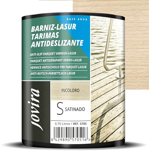 JOVIRA PINTURAS BARNIZ-LASUR Protector Antideslizante Tarimas al Agua. Protege, decora y embellece tarimas de piscinas y jardines. (750 Mililitros, Incoloro) F-26