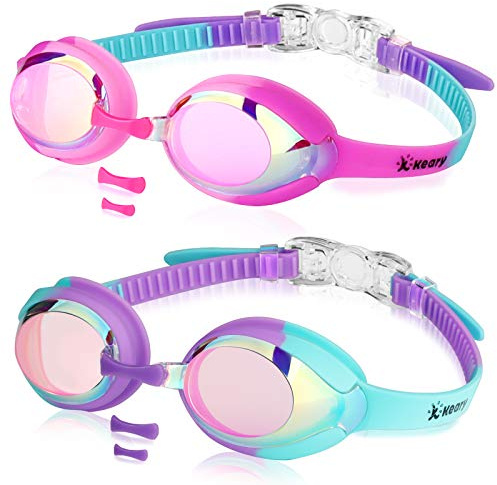 Keary 2 Pack Kids Swim Goggles Swimming Goggles for Toddler Children Girls Boys Youth, Anti-Fog Waterproof Anti-UV Clear Vision Mirror Flat Lens Water Pool Goggles with 3 Nose Piece, Pink Kids Goggles …