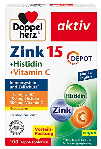 Doppelherz Zink 15 + Histidin + Vitamin C -15 mg Zink als Beitrag für die normale Funktion des Immunsystems und für den Erhalt normaler Haut - 100 vegane Depot-Tabletten