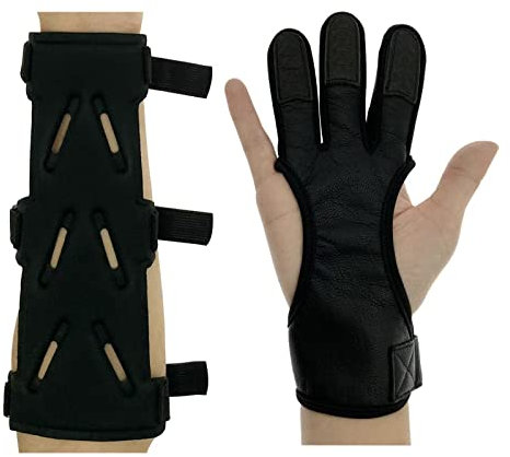 Gemilla Guantes de tiro con arco y protectores de brazo, protector de brazo de cuero para arco recurvo compuesto arco largo, accesorios de tiro con arco para caza y objetivo (protector de brazo y