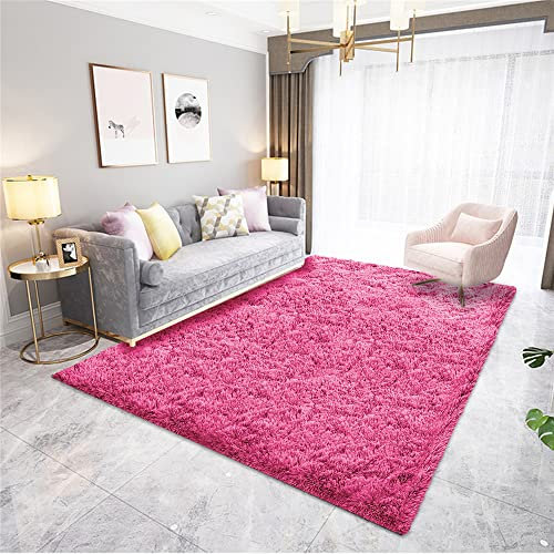 Hiseng Teppich Wohnzimmerteppich Langflor Weich Flauschig Teppiche Anti-Rutsch-Shaggy-Bereich Esszimmer Home Innenbereich Schlafzimmer Bodenmatte Heimdekoration (80x200cm,Rose)