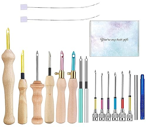 16 Stück Stanznadel Kit - Einstellbares Werkzeug Mit Holzgriff, Stickstift, Tuch Set für Stickgarn Kreuzstich Anfänger