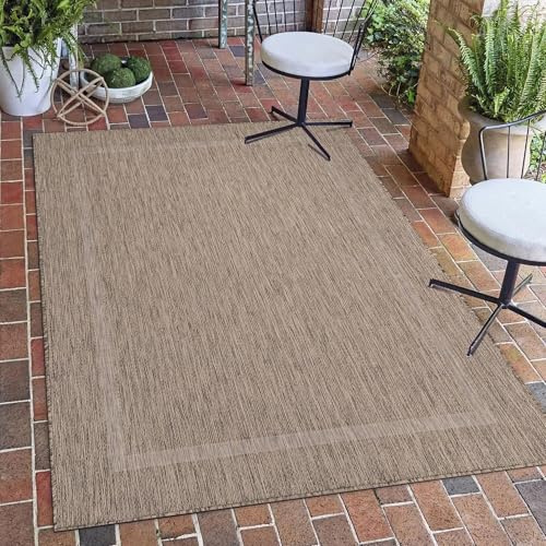 Carpetsale24 Outdoor Teppich Wetterfest 200x290 cm Braun Bordüre Design Flachgewebe Waschbar für Wohnzimmer Esszimmer Terrasse Garten