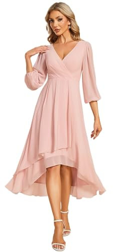 Ever-Pretty Robe de Soirée Femme A Line High Low Col V Manches Longues pour Bal Rose 50