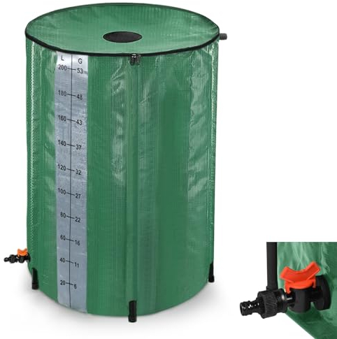 YARDIN Faltbare Regentonne 200L, Regenwassertonne Wassertank mit Wasserstandsskala, Tragbarer Wasserauffangbehälter mit Ablauf, Regenwassersammelsystem Regentank, Grün