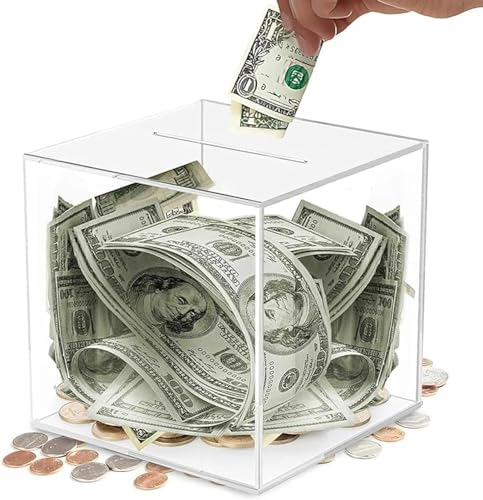 Clear Money Box,Acrylic Clear Piggy Bank Unopenable Savings Box Break to Open Square Money Saving Boxes Large Money Tin Transparent Saving Pot for Kids Adult Coins Cash Change Storage
