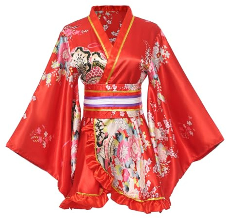 BPURB Kimono Costume traditionnel japonais Geisha Yukata Cosplay Femme Sexy Fleurs de Cerisier Patten Peignoir de nuit avec ceinture Obi, Rouge, M