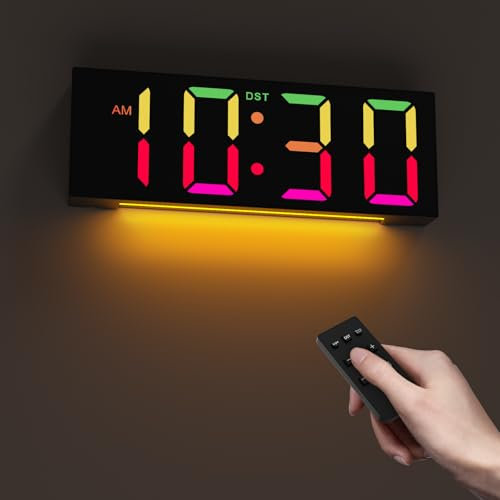 Digital Clock, Large Wall Clock with Big Digit for Elderly, 5 Level Brightness, 8 Colours LED Display, DST, 12/24H - Simple Clock with Night Light for Bedroom, Living Room, Kitchen, Office, Classroom