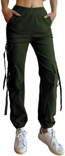 Nuofengkudu Donna Harem Cargo Pantaloni alla Caviglia Elasticizzati 5 Tasconi Elastico Vita Alta Lavoro Pantalone Polsino Tasche Laterali Jogging Pants Sportivi Vintage Y2K Classici Casual Verde S