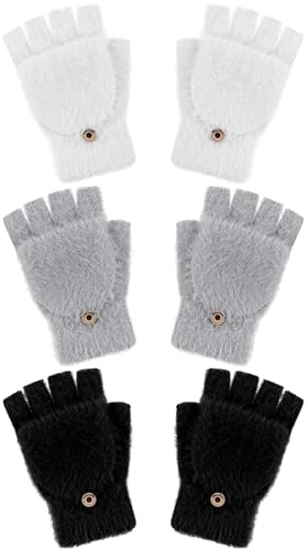 Geyoga 3 Pacchi Guanti Senza Dita Invernali Caldi Guanti Convertibili Termici Sfocati per Donna(Nero, Bianco, Grigio,1-4 Anni)