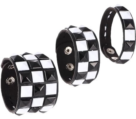 3 Piece Black White Checkered Leather Studded Punk Bracelet, Adjustable Genuine Wristband for Men Women, Gothic Halloween Accessories