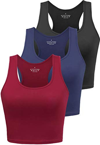 BryticFlow Women's Crop Vest Top 3 Pack Cotton Gym Tops for Yoga Running Shirts Racerback Sleeveless Workout Tank Cropped Ladies Tops Black/Navy/Burgundy S