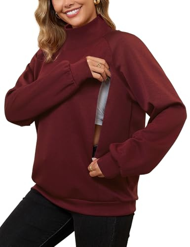 Bhome Nursing Sweatshirt for Breastfeeding High Neck Long Sleeve Nursing Shirt Zipper Maternity Pumping Top Pullover, Burgundy, M