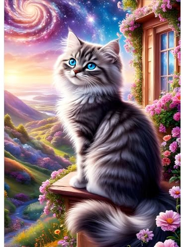 DPHERO Blue Eyed Cat Diamond Painting Kits for Beginners Adults,5D DIY Starry Night Diamond Art Kits,Round Full Drill Kitten Gem Art Crafts,DIY Painting by Numbers for Home Wall Decor 12x16 inch