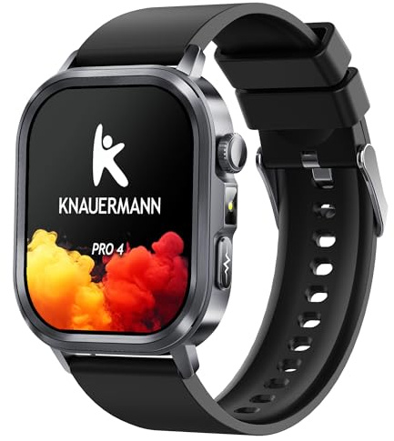 Knauermann PRO 4 (2026) Rektangulär svart – EKG-hälsoklocka med blodtryck, puls och syre i blodet, telefonfunktion, sömnanalys, IP67, 46 mm, silikon, svart