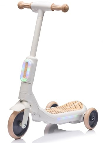 Monopattino Elettrico per Bambini 2 in 1 con Luci LED Giocattolo a Batteria 6V e a Spinta 3 Ruote Portata 30 kg (Beige)