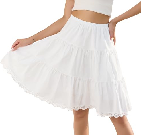 Vlazom Jupe Mi-Longue Femme en Coton Jupon Ourlet en Dentelle Jupon sous Robe Taille Élastique Confortable