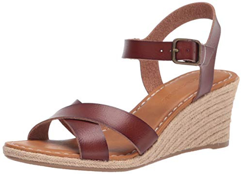 Amazon Essentials Women's Espadrille Wedge Sandal with Adjustable Buckle, Elastic Strap, Brown, 9