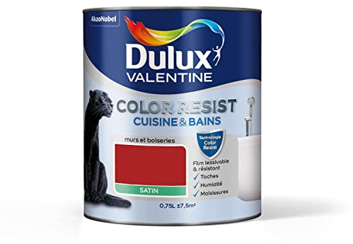 Dulux Valentine Color Resist - Peinture Intérieure Pièces Humides - Pour Murs, Plafonds, Boiseries - Lessivable et Résistante - Couleur : Rouge Industriel Satin - 0,75 L - 5261875