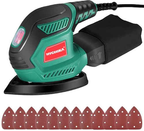 HYCHIKA Detail Sander, 14,000 OPM Compact Electric Sander Tool with 12 Pcs Sandpapers,Efficiency Dust Collection System,Suitable for Tight Spaces Sanding,Polishing,Removing Paint in Home Decoration