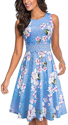HOMEYEE Dam, vintage, rund hals, ärmlös, blommigt broderad, knälång cocktailklänning UKA079, Ljusblå, XL