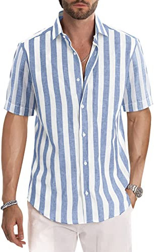 Meilicloth Gestreiftes Sommerhemd Herren Kurzarm Freizeithemd Sommer Casual Regular Fit Himmelblau Weiß XL
