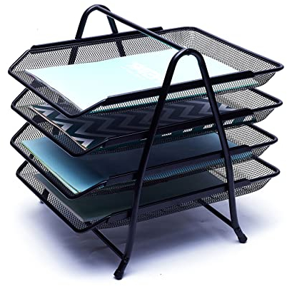 EXERZ Lot de 4 bacs à courrier à 4 étages - Trieur de Papier sur Pied - Organiseur de Bureau - Porte-Documents - Grille métallique - pour Bureau, école, Maison, étude