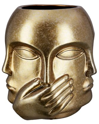 GILDE Vase Blumenvase aus Keramik - Gesichtsvase Nichts sehen hören Sagen - wasserdicht europäische Herstellung - Farbe: antik Gold Höhe 23 cm