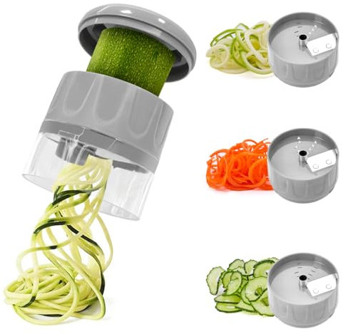 SUREWIN Spiralschneider für Gemüse, 3 in 1 Handheld Spiralizer Gemüseschneider, Veggie Spiralschneider Zucchini Spaghetti Maker Zoodle Maker Verstellbarer Spiralschneider, Grau