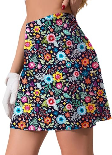 Timuspo Tennisrock mit Hose Damen Röcke Hohe Taille A Linie Tennis Skirt Activewear Damen-Skort mit 4 Taschen Multi-Blüten M