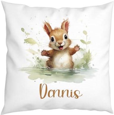 LIEBTASTISCH - Eichhörnchen Kissen - Personalisiert mit Wunschnamen - Kinderkissen - Dekokissen - Tiere - Junge - Mädchen - Geschenk - 40cm x 40 cm Kissen mit Füllung.