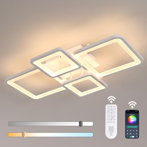 Mckalen Plafon LED Techo Regulable Moderno 62CM, 54W 6075LM Lámpara de Techo LED Grande Salon con Mando a Distancia/APP 3000K-6500K, 4 Cuadrado Blanco Luz de Techo Acrílico para Dormitorio Comedor