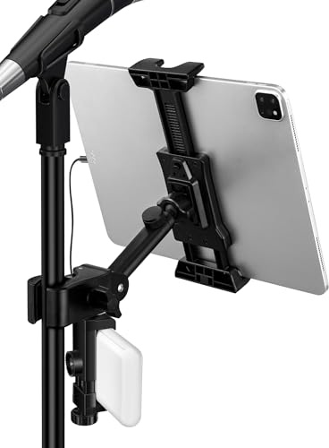 LZSIG Uppdaterad surfplatta och powerbank monteringshållare för mikrofonstativ, justerbar mikrofon musikstativ iPad telefonklämma, kompatibel med iPhone, Android, alla 4,7 till 13,5 tum smartphones | 360° justerbart clip-on telefonfäste för notnotstativ, passar enheter skärmstorlek från 4,7 till 34,3 cm