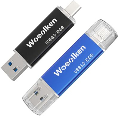 Wooolken Memoria USB 3.0 Tipo C 32GB, Pendrive USB C 2 en 1, Paquete de 2 en Colores Negro y Azul, Almacenamiento Externo para Android, Windows, MacBook, PC y Tablets, U Disco OTG Flash Drive