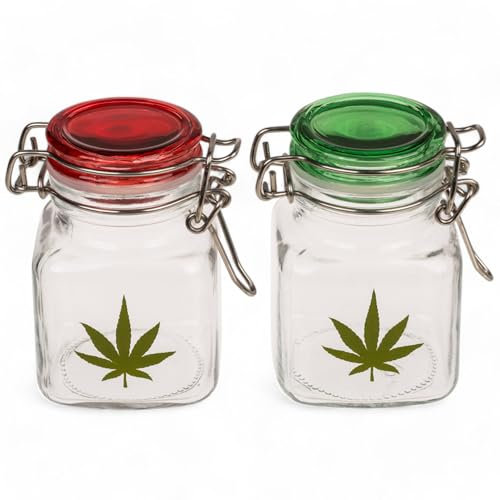 MIJOMA Lot de 2 bocaux en verre avec motif feuille de cannabis - Bocaux de rangement hermétiques pour herbes, épices, bonbons - Récipients en verre avec joint en silicone - 4 x 7 cm