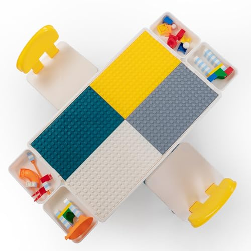 7-in-1 Activity Table Set,Baby Toddler Table and Chair Set,Building Block Rectangular Table and Chair Set with 100 pcs Play Blocks and 2 Chair,Water/Sand Table Gifts for Kids Girls Boys Teen Ages 1-3