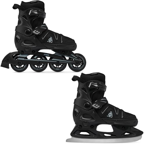 RAVEN Pulse Inline Skates Inliner für Kinder und Erwachsene OPTIONAL 2in1 mit Schlittschuhen verstellbar (PRO Black mit Kufen, 43-46 (28-30,5cm))