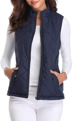 FUNSEED Chaleco térmico para mujer, elegante, ligero, cuello alto, bolsillo, cremallera, chaqueta sin mangas, Azul marino, Large