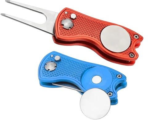 PATIKIL Attrezzo per Riparare I Divot da Golf, 2 Pezzi Attrezzo Piegevole in Metallo con Marcatore aimanté per Palline E Forchetta in Acciaio Inox per Golfisti, Rosso/Blu