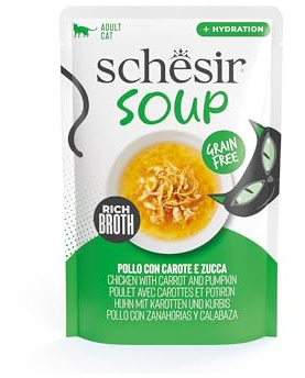 Schesir, Zuppa con Filetti di Pollo con Carote e Zucca, in busta, Cibo Umido Complementare per Gatti, Ricetta Originale, 100% Naturale, Cruelty Free, 12 x 40g