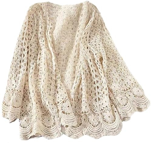 XJKLBYQ Cardigan à Manches Longues d'été pour Femmes, Couverture Florale en Tricot en Tricot au Crochet, Manteau de Haussement de Plage en Maille Floral Boho pour Femme (Taille Moyenne)
