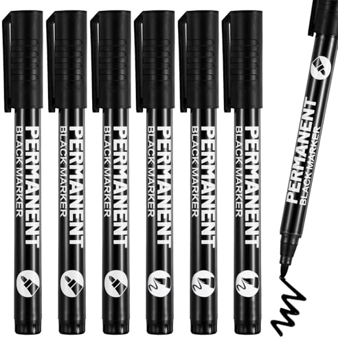 Barlone 6 Stück Permanent Marker Schwarz, 2-5mm Fadenbreite Acrylstifte Schwarz, Wasserfest Schnell Trocknender Lackstift, Schwarzer Filzstift für Karton, Keramik, Glas, Holz, Metall